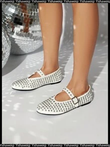 Yishaweiqi Crystal Rhinestone Flats For Women Buckle Strap Mary Jane Flats Glitter Studded Ballet Flats Comfortable Round Toe Casual Ballerina Dress Shoes - 白色 - 查看 6