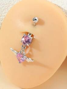 4入組性感不鏽鋼肚臍環套裝，裝飾有心形、惡魔、圓形和翅膀造型，嵌入粉色，適合宴會、舞會、比賽、日常穿著、節日和女性生日禮物 - 銀色粉鑽 - 查看 4