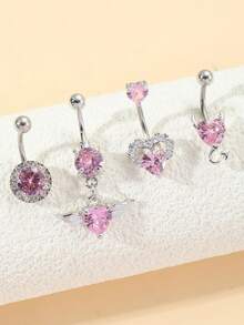 4入組性感不鏽鋼肚臍環套裝，裝飾有心形、惡魔、圓形和翅膀造型，嵌入粉色，適合宴會、舞會、比賽、日常穿著、節日和女性生日禮物 - 銀色粉鑽 - 查看 1