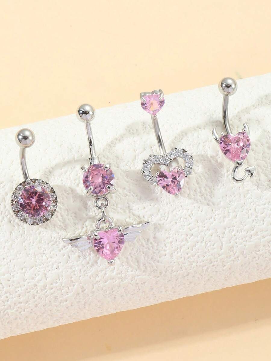 4入組性感不鏽鋼肚臍環套裝，裝飾有心形、惡魔、圓形和翅膀造型，嵌入粉色，適合宴會、舞會、比賽、日常穿著、節日和女性生日禮物 - 銀色粉鑽 - 查看 1