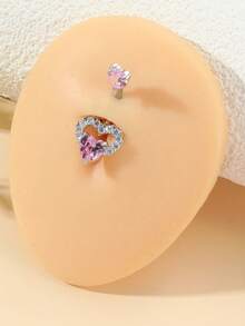 4入組性感不鏽鋼肚臍環套裝，裝飾有心形、惡魔、圓形和翅膀造型，嵌入粉色，適合宴會、舞會、比賽、日常穿著、節日和女性生日禮物 - 銀色粉鑽 - 查看 5