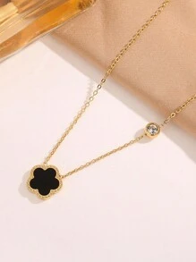 1 mặt dây chuyền bằng thép không gỉ phong cách châu Âu và Mỹ thời trang hình bào ngư cỏ ba lá với vòng cổ nữ khảm kim cương, chuỗi xương đòn cánh hoa độc đáo - Dây chuyền hoa năm lá đính kim cương - Xem 10