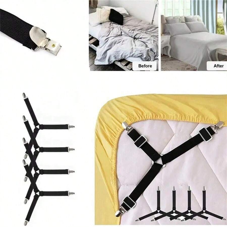 Dây đai giữ ga trải giường có thể điều chỉnh 4 mảnh-Kẹp đàn hồi để đảm bảo an toàn cho bộ đồ giường, kẹp chống trượt cho ga trải giường, vỏ sofa & khăn trải bàn-Bộ sắp xếp đồ gia dụng đa năng - màu đen - Xem 1