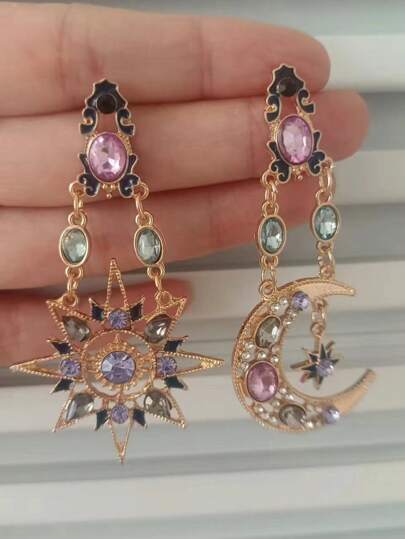 Sun Moon Stars Dangle Earrings Punk Water Drop Crystal Earrings For Women Bohemian Style Vintage Hollow Out Asymmetrical Earrings In Gold Jewelry