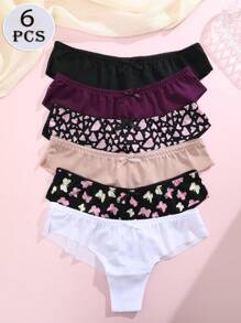 6pcs/Pack Women Lace Seamless Low-Rise Thong Panties, Comfortable & Minimalist Design, Multiple Color Options, Ladies Underwear
