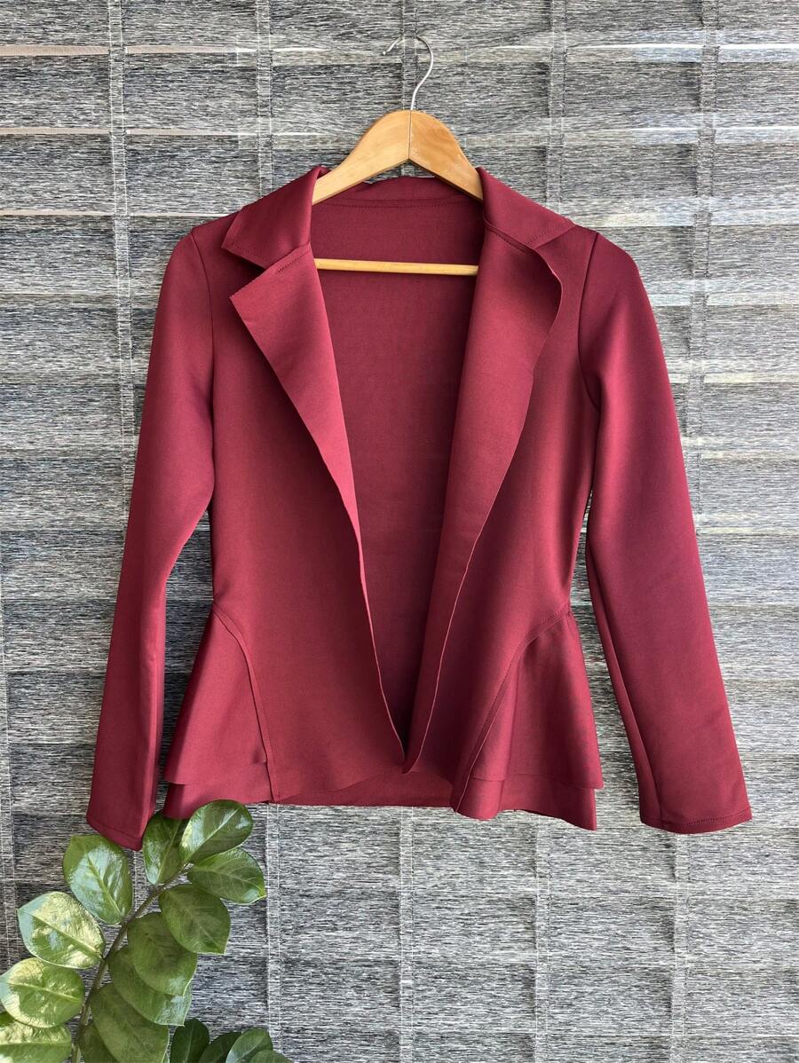 Women's Formal Blazer With Ruffle Details On The Sides, Thick Neoprene Fabric - 酒紅色 - 查看 1