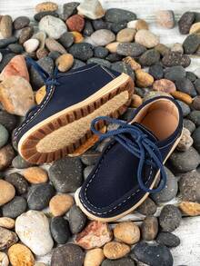 一双儿童经典时尚平底鞋，带防滑耐磨钩环，男童休闲莫卡辛乐福鞋，舒适防滑 - 藍色 - 查看 4