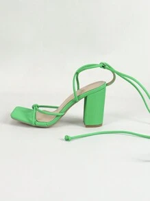 Women's Green Cross Strap Sandals; Sexy, Fashionable And Comfortable Party High Heels With Ankle Tie; Simple, Elegant And Chic Design With Thick Heels To Show High And Slender Legs