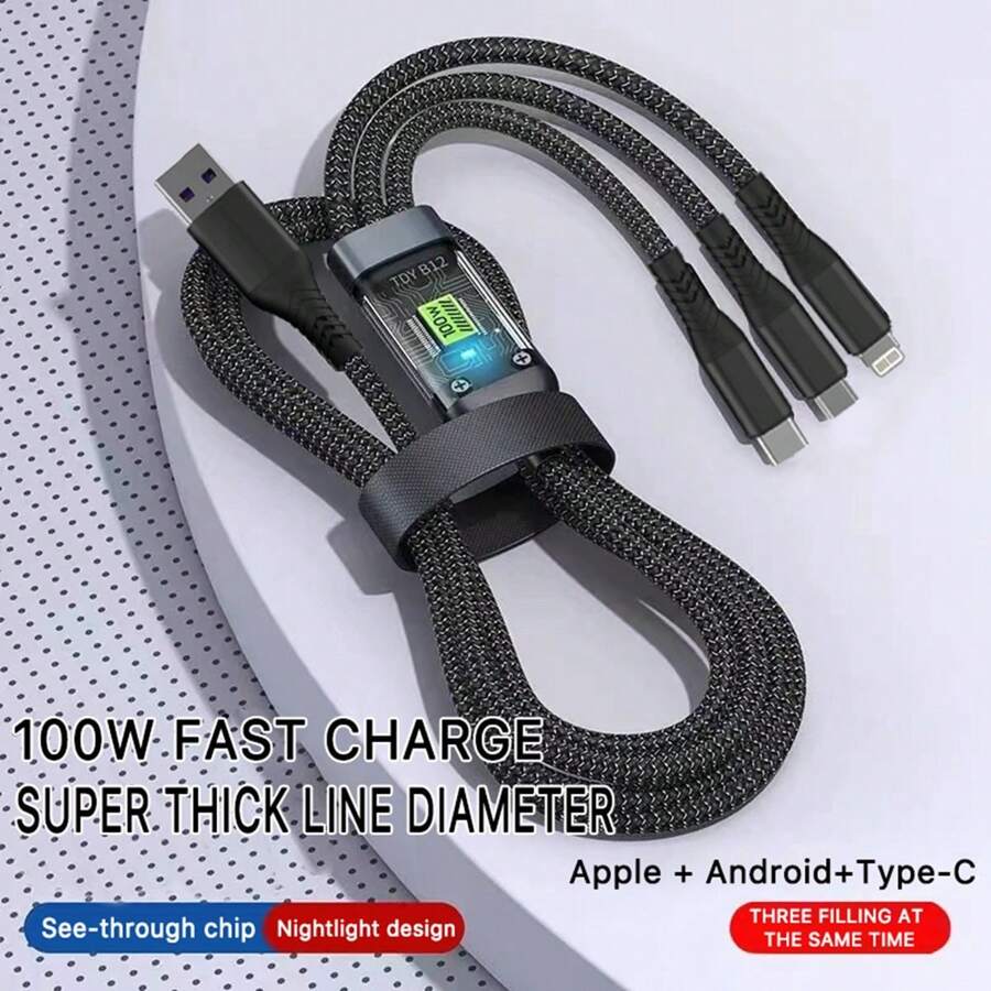 100W Super Fast Charging 3-In-1 Braided Car Charging Cable Compatible
