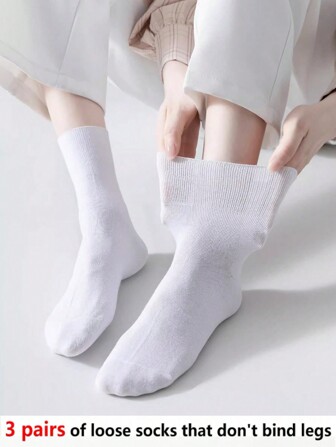 3 par lösa, andningsbara strumpor för kvinnor, lämpliga för gravida, överviktiga och äldre - vita strumpor till mitten av vaden, höst