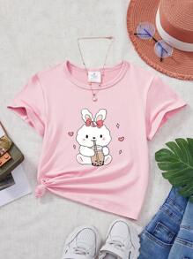 Young Girl Cartoon Rabbit Printed Short Sleeve T-Shirt, Summer - Pink - View 1