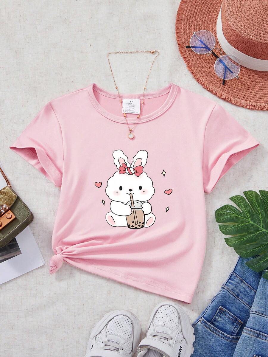 Young Girl Cartoon Rabbit Printed Short Sleeve T-Shirt, Summer - Pink - View 1