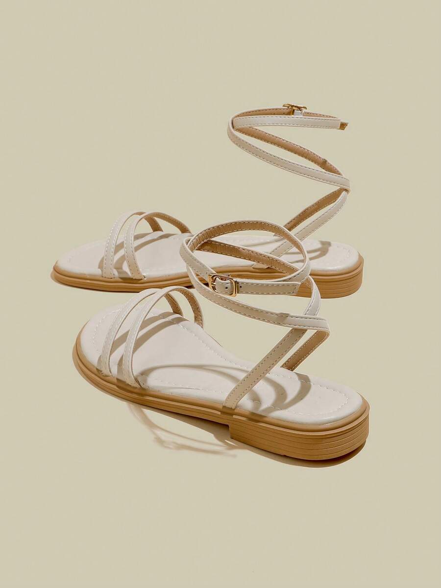 Kvinnor Aprikos Platt Kryss-Cross Öppen Toe Snörssandaler, Sommar Beach Shoes - Aprikos - Visa 1