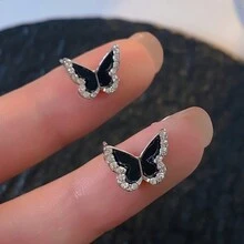 1 par de pendientes de botón con mariposa de cristal - Plateado - Ver 6