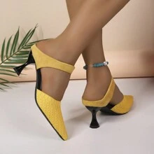 女士高跟尖頭涼鞋，時尚設計，適中高度，適合商務會議、家庭放鬆、娛樂聚會等場合 - 黃色 - 查看 3