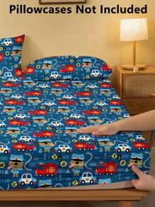 1 pièce Drap-housse brossé imprimé motif de voiture d'urgence, housse de couette imprimée pour chambre à coucher, literie (Housse de coussin exclue)