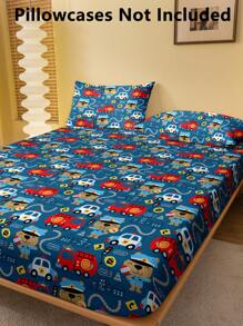 1 pièce Drap-housse brossé imprimé motif de voiture d'urgence, housse de couette imprimée pour chambre à coucher, literie (Housse de coussin exclue)