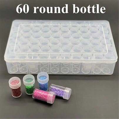 1pc 60pcs Clear Ps Plastic Round Jars With Transparent Screw-On Lids Diamond Storage Box For Sorting Beads, Rhinestones And Other Small Items