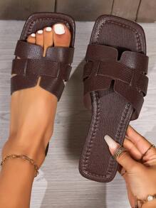 Dép đế bằng da rắn và sọc thời trang mới nhất cho nữ, dép đi biển đế bằng PU mùa hè - Màu nâu  Mocha - Xem 1