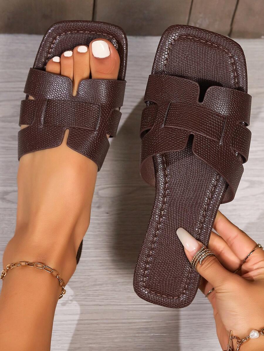 Dép đế bằng da rắn và sọc thời trang mới nhất cho nữ, dép đi biển đế bằng PU mùa hè - Màu nâu  Mocha - Xem 1