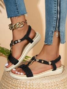 2024 Summer New Bohemian Style Elastic Braided Sandal For Women, With Non-Slip Thick And Comfortable Soles, Unique Metal Buckle And Flower Design, Ideal For Beach Or Travel