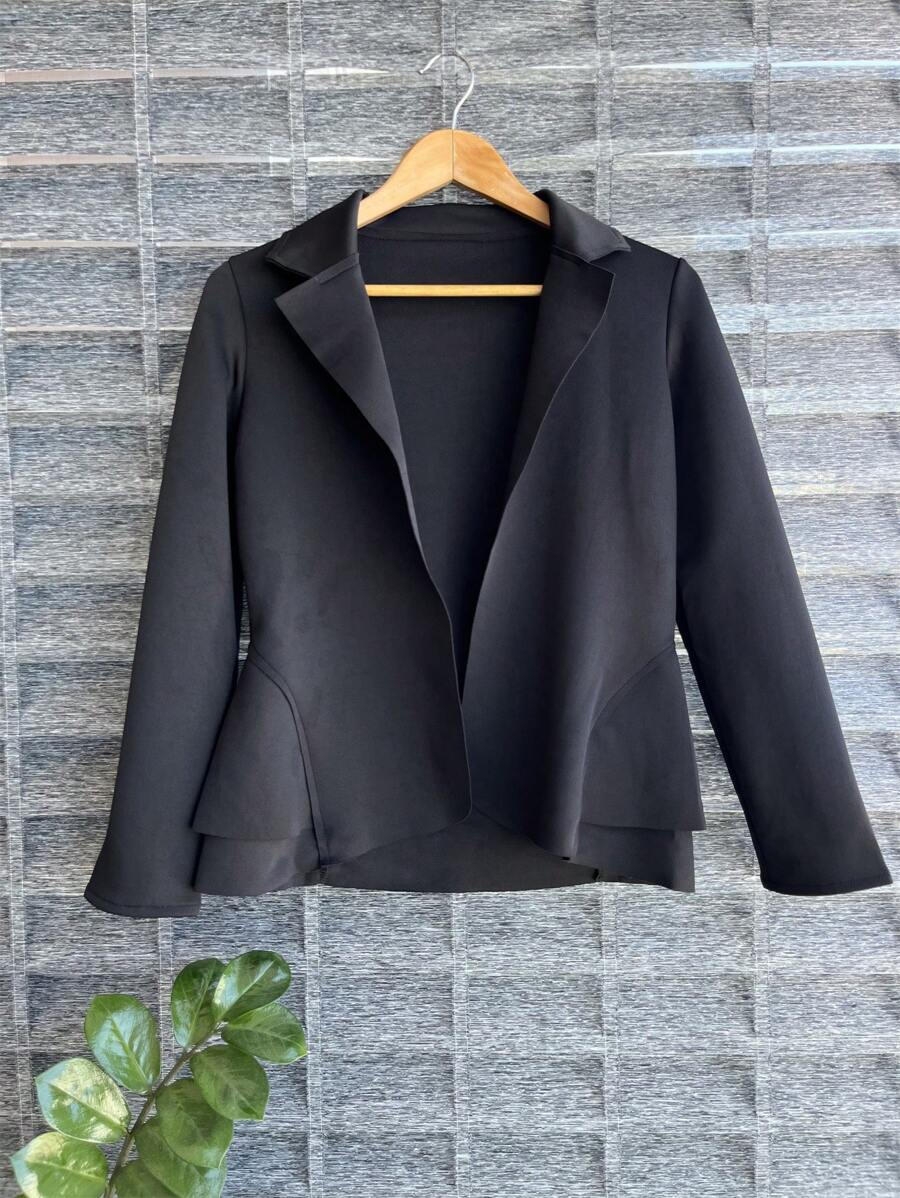Women's Formal Blazer With Ruffle Details On The Sides, Thick Neoprene Fabric - Black - View 1