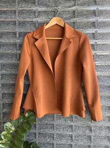 Women's Formal Blazer With Ruffle Details On The Sides, Thick Neoprene Fabric - Camel - View 2