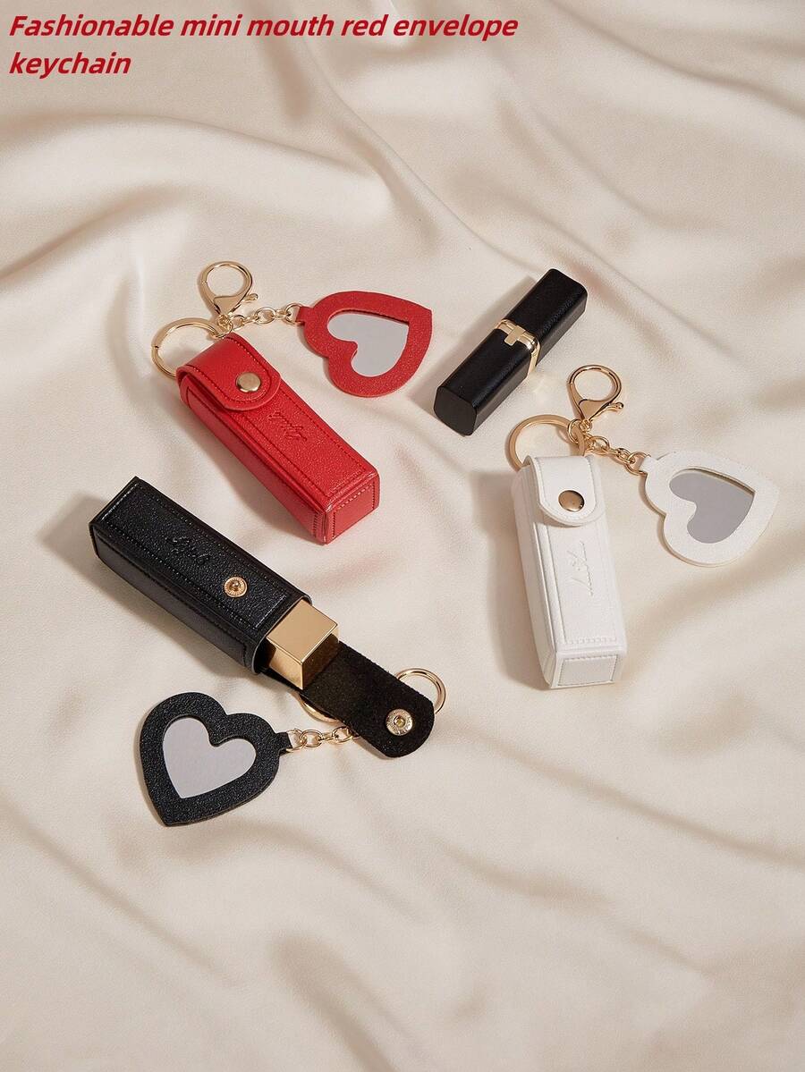 时尚迷你口红钥匙扣，可爱便携口红包。礼物。钱包钥匙扣，口红迷你收纳包，精美汽车钥匙扣挂件，迷你爱心小镜子随身带，情侣钥匙扣，女士包包挂件装饰，出行方便 - 彩色 - 查看 1