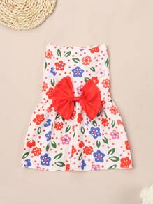 宠物无弹力涤纶薄款碎花连衣裙卡通印花可爱蝴蝶结连衣裙适合泰迪熊全年穿着（产品无弹力且偏小，建议购买大1-2个尺码） - 紅色 - 查看 3