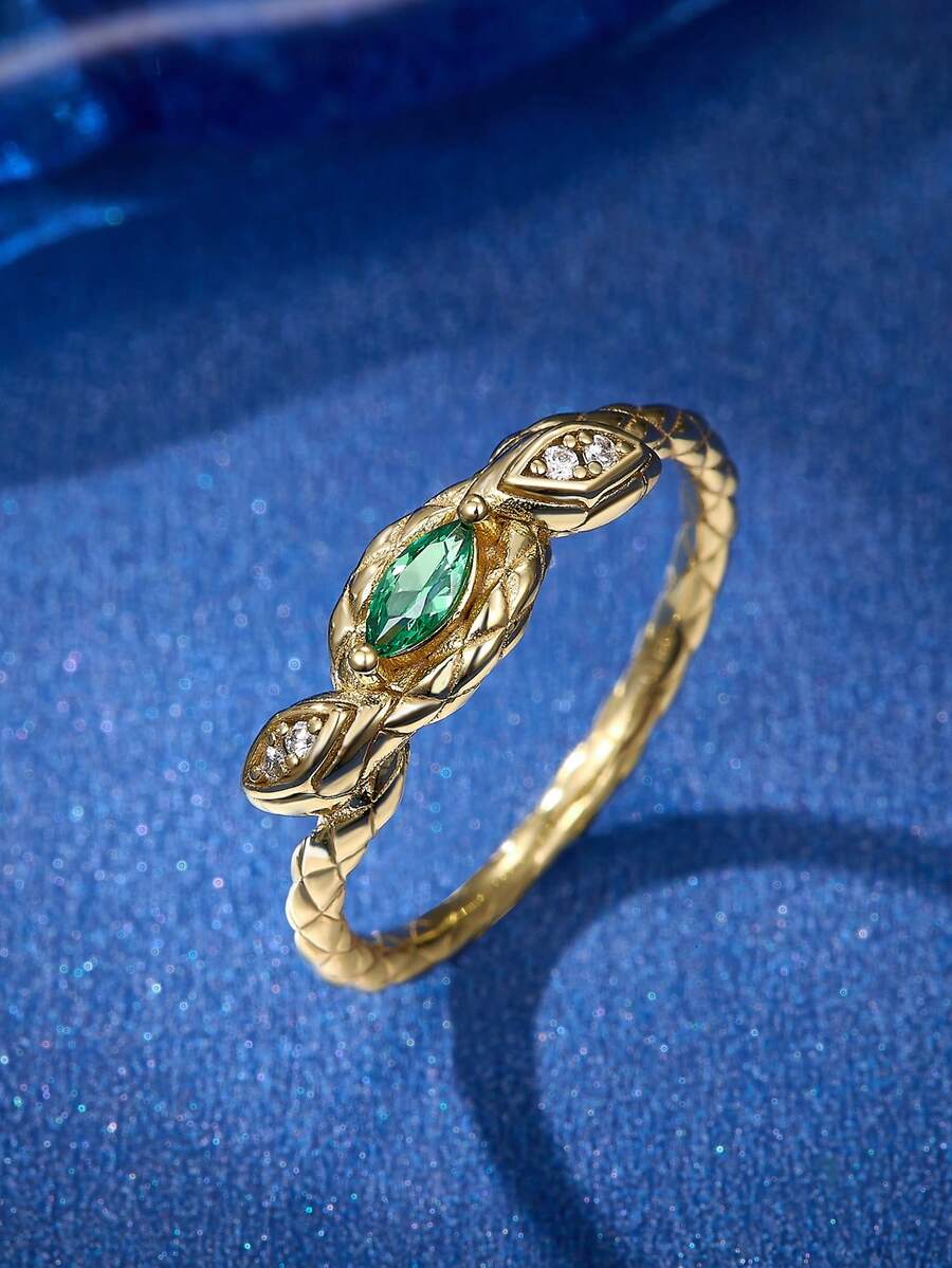 Cici Color 1 chiếc Nhẫn S925 mạ vàng 14k dát Zirconia xanh chất lượng Phong cách linh hoạt tinh tế Nhẫn hình con rắn Thích hợp làm quà tặng/Ngày/Cô dâu/Đám cưới - Vàng - Xem 1