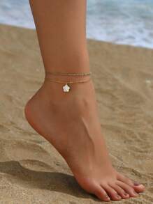 1 件奢华不锈钢镀金水钻优雅心形花朵流苏双层沙滩脚链 - 金色 - 查看 4