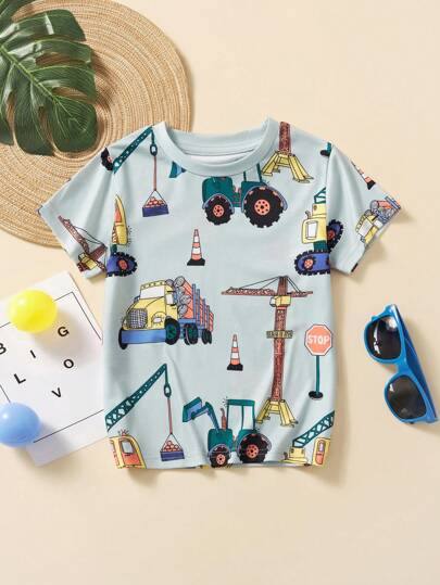 1 件年轻男孩休闲卡通挖掘机和推土机印花圆领短袖 T 恤，时尚春夏
