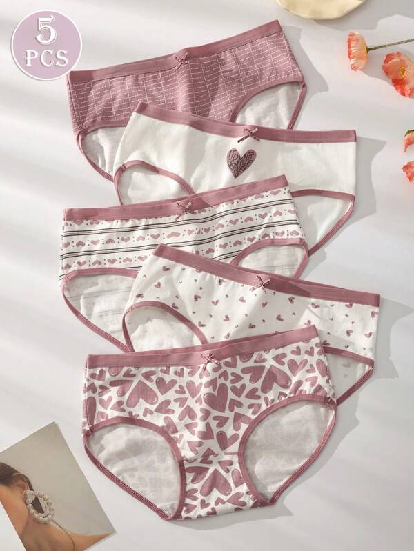 5pcs Pack Cotton Women's Seamless Panties With Heart Prints & Bow Decor, Comfortable Soft Skin-Friendly Underwear