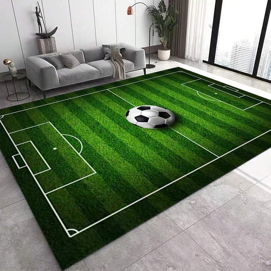 1pc Football Field Pattern Carpet, Sports Rural Crystal Velvet Point-Blank Bottom Rectangle Non-Slip Wear-Resistant Absorbent Suitable For Courtyard, Living Room, Bedroom, Dressing Room, Children Room, Game Room, Camping, Decorative Carpet, Door Mat, All Seasons - Green - View 1