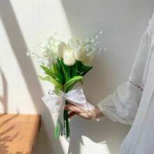1pc Bride Wedding Minimalist Elegant Calla Lily, Tulip, Lily Of The Valley Artificial Bouquet For Marriage Proposal, Wedding Registration