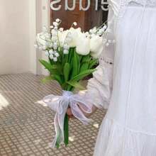 1pc Bride Wedding Minimalist Elegant Calla Lily, Tulip, Lily Of The Valley Artificial Bouquet For Marriage Proposal, Wedding Registration