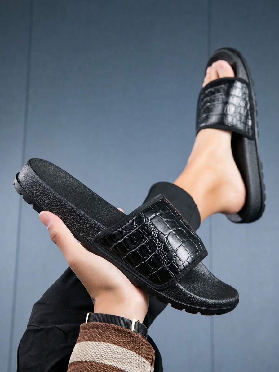 Men's Black Crocodile Pattern Casual Slippers, Soft Sole, Slip-Resistant Indoor Outdoor Slippers - Black - View 1