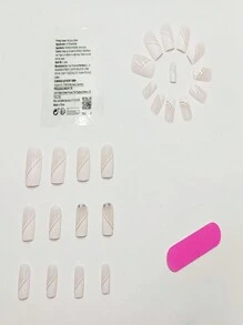 24pcs White French Style Half Covered Rhinestone Square Shape False Nail Stickers + Jelly Glue + Nail File Press On Nails Nail Supplies