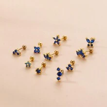 1 Peça Brinco de Pressão com Coroa de Flor Azul e Borboleta, Joia de Aço Inoxidável para Mulheres, Presente de Moda e Dia dos Namorados