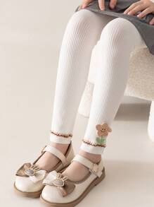 1pc Children's Double-Layer Small Floral Trim Decorated Leggings, Ankle Length, All Season