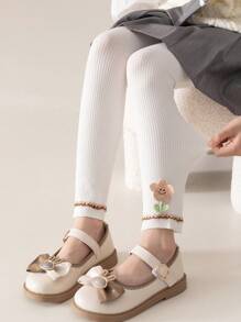 1pc Children's Double-Layer Small Floral Trim Decorated Leggings, Ankle Length, All Season