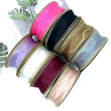 1捆有金邊的綢緞禮品帶，4厘米X 10碼玫瑰紅色紗綢帶，用於禮品包裝、花束裝飾、烘焙裝飾DIY工藝品 - 玫紅色 - 查看 6