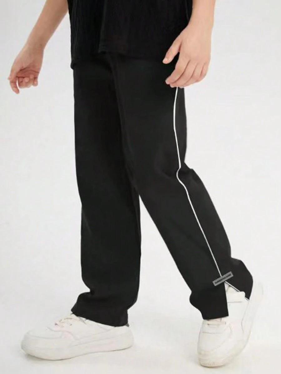 1pc Boys & Teens Casual Straight Leg Pants With Side Stripe Decor, Outdoor & Running Pockets, Spring/Autumn - Black - View 1