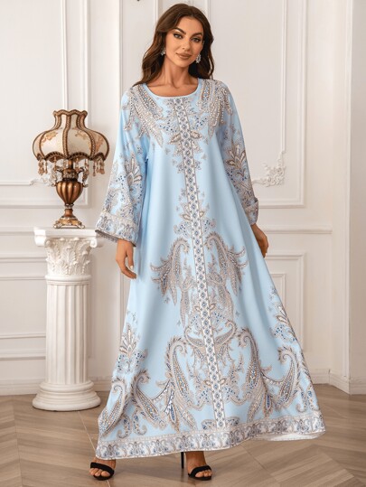Plus Length Embellished Glitter Pattern Long Dress, Heavy Soft Stretchy Fabric, Elegant & Luxurious Arabic Caftan Jalabiya For Women