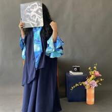 1pc Elegant And Graceful Women's Color Block Printed Cuff Cardigan Long Robe, Suitable For Daily Wear - Navy Blue - View 4