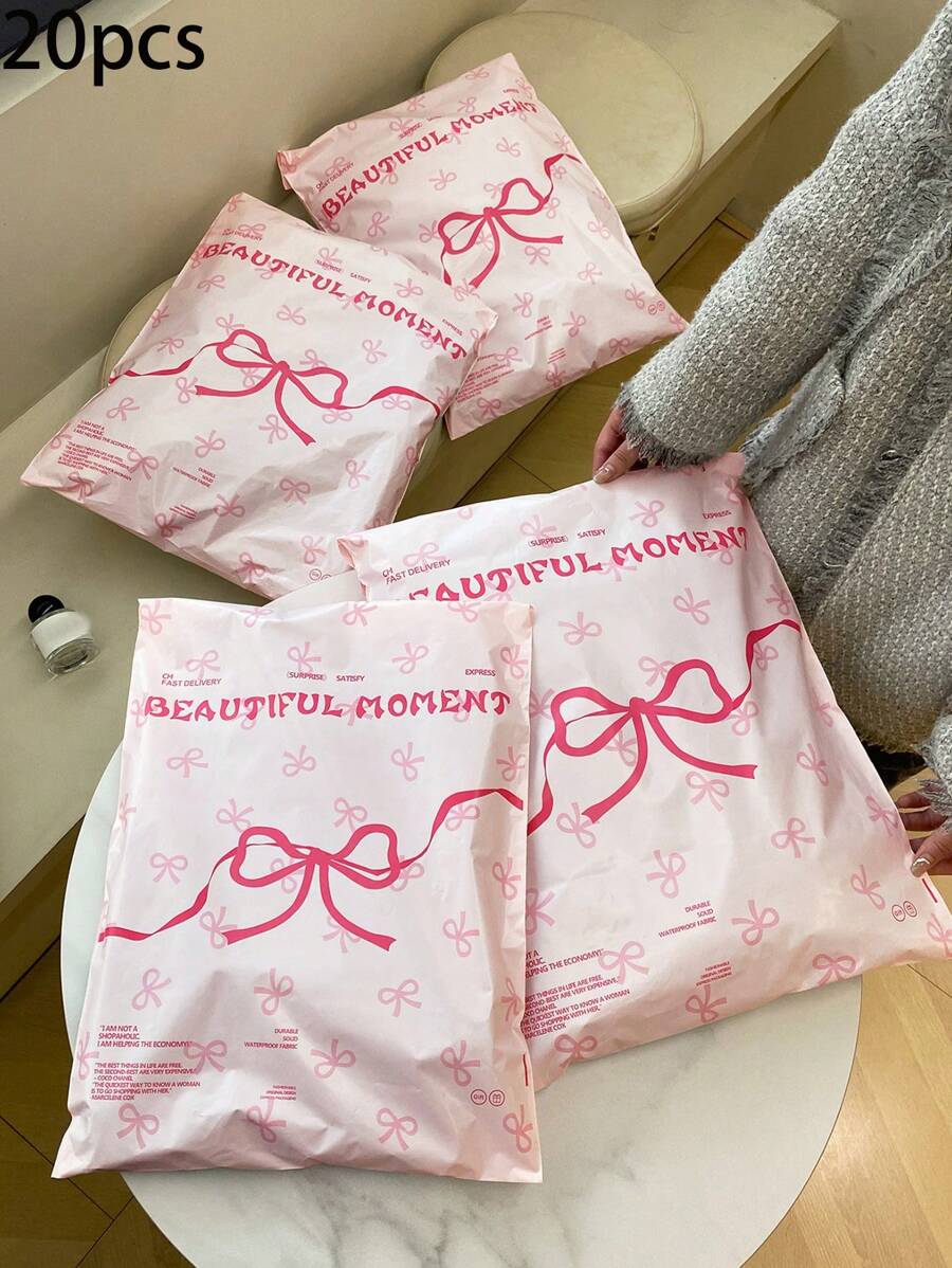 10PCS/20pcs全新原料粉色蝴蝶结少女心礼品袋快递包装袋开学季毕业季结婚季、生日派对礼品袋加厚收纳塑料袋飞机盒衣物袋，适用于学校、办公室、超市运输、发货邮寄返校