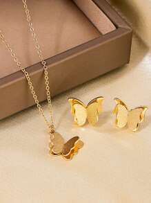 3 Pieces/Set Frosted Double-Layer Butterfly Pendant Necklace Earrings, Daily Matching Jewelry Set Gifts - Butterfly - View 1