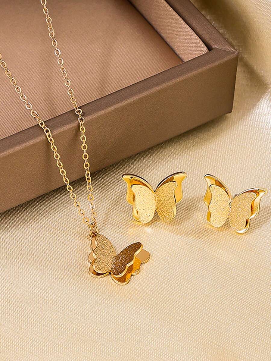 3 Pieces/Set Frosted Double-Layer Butterfly Pendant Necklace Earrings, Daily Matching Jewelry Set Gifts - Butterfly - View 1