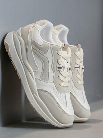 1雙女款運動風格休閒鞋，前扣式，輕巧，米色PU材質，適合戶外活動和滑板運動，學生鞋