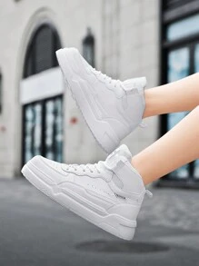Tênis Casuais de Rua de Cano Alto Branco com Cadarço da Moda para Mulheres, Tênis Esportivos Unissex com Padrão de Letra Personalizado - Branco - Visão 3